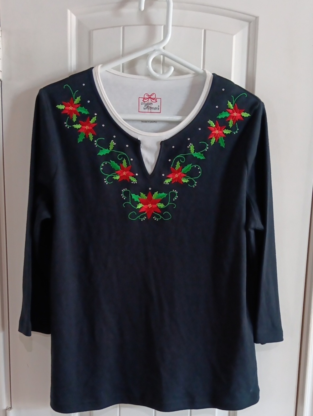 Allyson Whitmore Size Large Black Poinsettia Embroidered Faux Layer Holiday Top